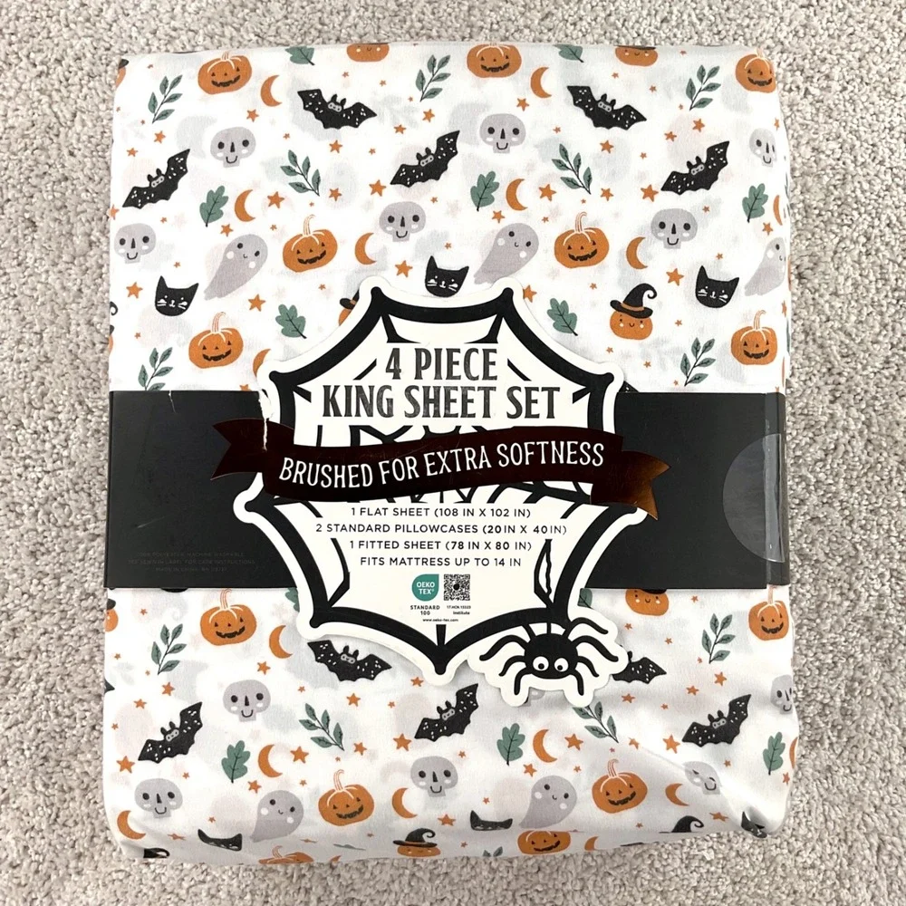 EnVogue Halloween King Sheet Set 4pc Pumpkins Ghosts Bats Black Cats White NEW